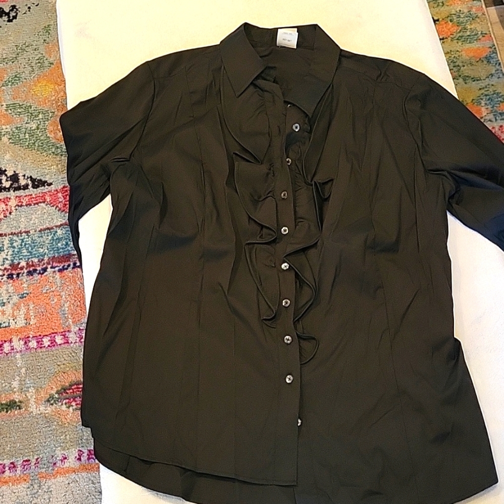 Black long sleeve tailored blouse with ruffles